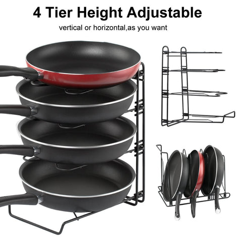 Adjustable Pot Organizer Rack, Gusgu 4-tier Cookware Pots & Pans Organizer Foldable Kitchen Cabinet Pantry Pan And Pot Lid Organizer Rack Holder For 8 9 10 11 12 Inch Cookware.(Black)