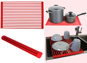 Ariel Over the Sink / Countertop Multipurpose Roll-Up Dish Drying Rack (Red) - Silicone Coated Stainless Steel - Flat Stripe Design - Dishwasher Safe, Heat Resistant, Trivet, Colander, Food Defrost