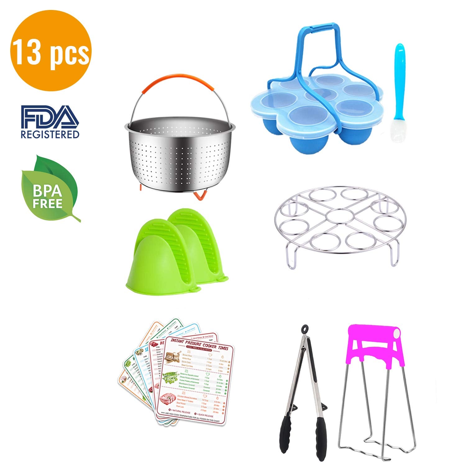 3 Qt Instant Pot Accessories Set, 13 Pcs Pressure Cookers Accessory Include Steamer Basket, Egg Steamer Racks, Silicone Egg Bites Mold, Food Tong, Oven Mitts, Cheat Sheet Magnets