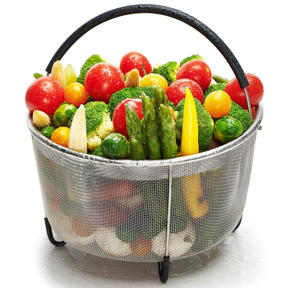 Steamer Basket for Instant Pot 5 Qt, Stainless Steel Mesh Strainer Steamer Insert with Silicone Handle and Feet, Must have Kitchen Accessories for Steaming Vegetables, Fruit and Eggs - (5/6 QT)