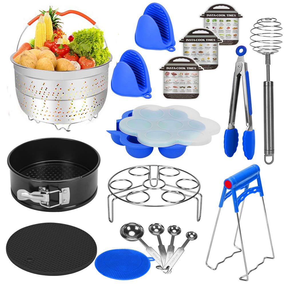 Accessories for Instant Pot Compatible with 6,8 Qt, Ninja Foodi 8qt - Stainless Steel Steamer Basket, Springform Pan, Egg Steamer Rack, Silicon Egg Bites Mold and More (BLUE)