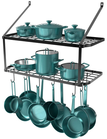 GeekDigg 29.5 Inch Wall Mounted Pot Rack Storage Shelf with 2 Tier 10 Hooks Included, Kitchen Pot Racks Hanging Storage Organizer (Black)