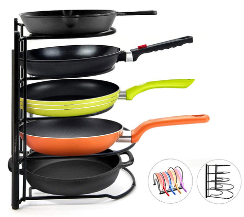 5-Tier Heavy Duty Pot Pan Organizer Pot Racks Cookware lids Holder for Cabinet Worktop Storage Kitchen Pot Lid Organizer Rack-Bottom Tier for Larger Pans(Black)