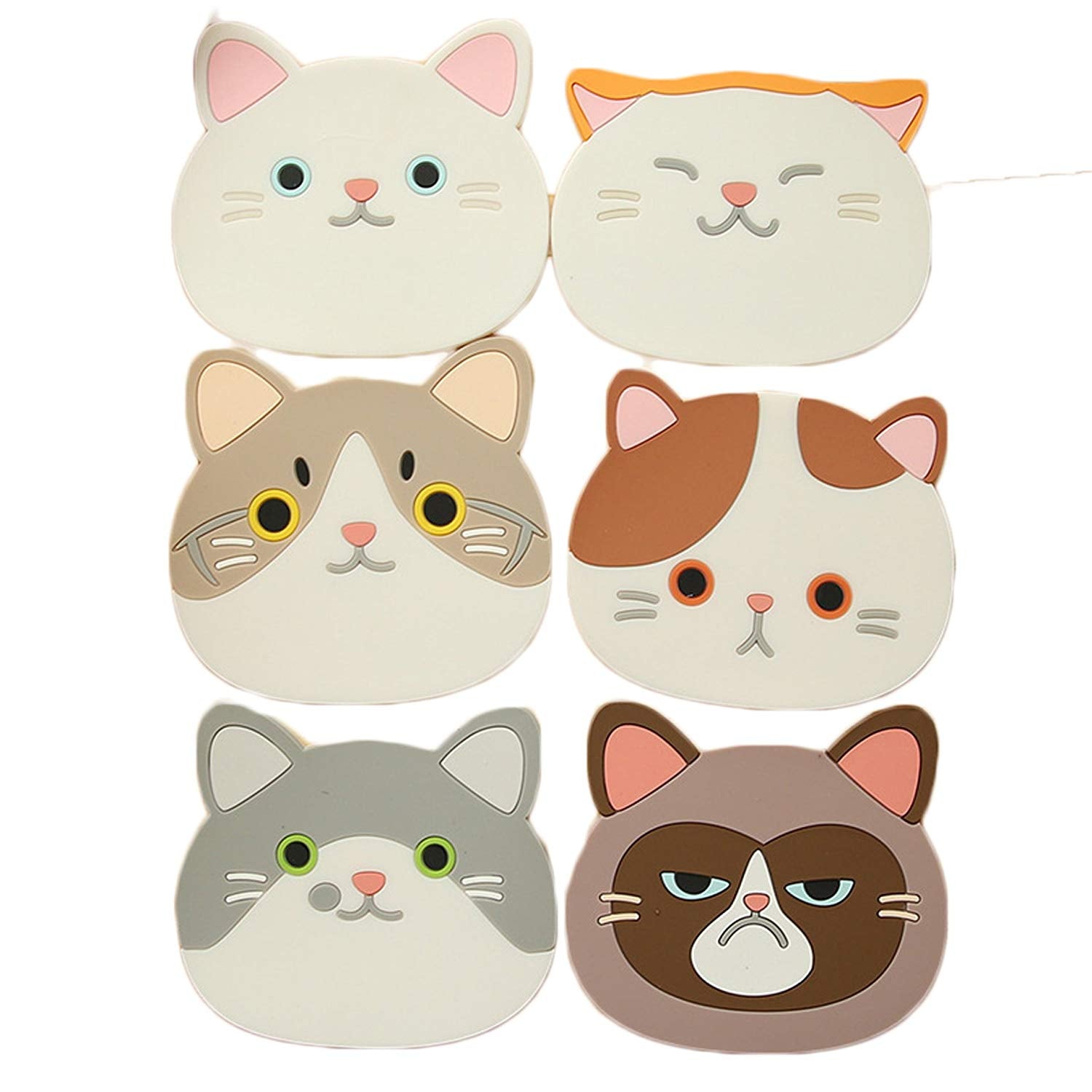 JLHua Finger Ring Silicone Multi-Use Cartoon Cat Trivet (Set of 6 Pack) Insulated Flexible Durable Non Slip Hot Pads and Coasters Cup Mats