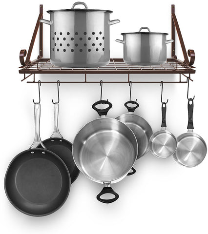 Sorbus Pots and Pan Rack — Decorative Wall Mounted Storage Hanging Rack — Multipurpose Wrought-Iron shelf Organizer for Kitchen Cookware, Utensils, Pans, Books, Bathroom (Wall Rack - Bronze)