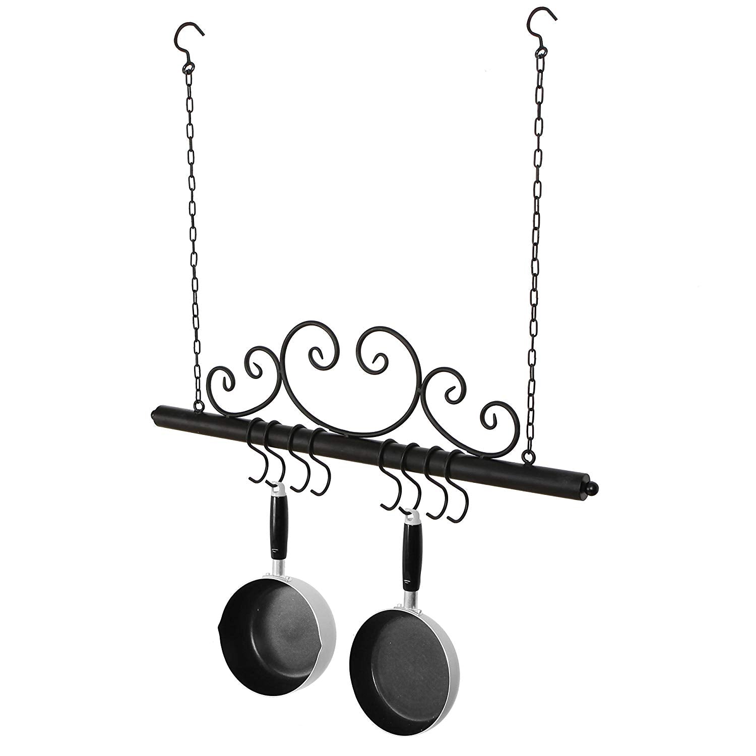 Ceiling Mounted Black Scrollwork Design Metal 8 S-shaped Hook Pots & Pans Hanger / Kitchen Organizer Rack