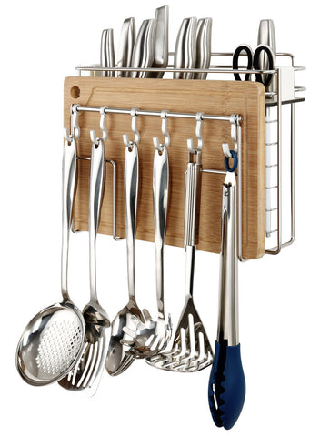 Miusco Cooking Utensil & Cutting Board Holder, Wall Mount, Stainless Steel, Compact Kitchen Organizer