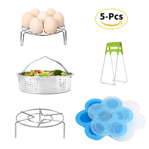 Instant Pots Accessories, ZOUTOG Steamer Cookware Set with Steamer Basket/Egg Steamer Rack/Steam Rack/Egg Bites Molds/Dish Clip - Fits 5, 6 and 8 Qt Instant Pot Pressure Cooker - 5 Pcs