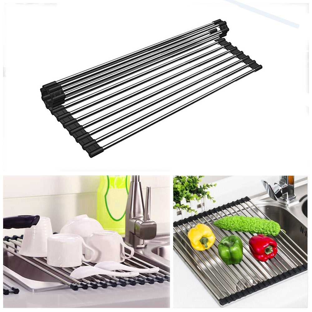 Dish Drying Rack Over the Sink Roll -Up Foldable Mat,Homeya Multipurpose Kitchen Stainless Steel Large Drain Rack Heat Resistant Easy to Clean and Store for Pans Bottles Trivet (18.5“ x 15.7 ”)