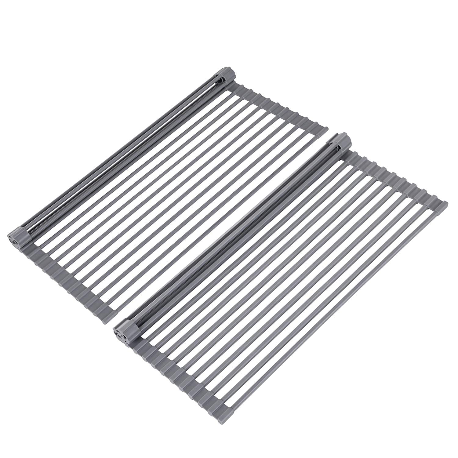 SONGMICS 2 Pack Roll-Up Dish Drainer Sink, Multipurpose Drying Rack, Kitchen Countertop-20 1/2”L x 13 3/8”W UKDR12GY (Circular Ro, Circular & Square Rods Gray