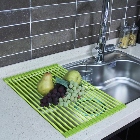 HOME&CO Large 20.5"x13" Over the Sink Dish Drying Rack Silicone Roll-Up Compact Mat Dish Drainer SGS-Certified (Green)