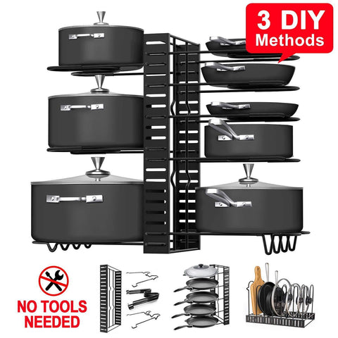 Pot Rack Organizers, G-TING 8 Tiers Pots and Pans Organizer, Adjustable Pot Lid Holders & Pan Rack for Kitchen Counter and Cabinet, Lid Organizer for Pots and Pans With 3 DIY Methods(2019 Upgraded)