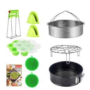 9 Piece Accessories Kits Compatible with Instant Pot 6, 8 Qt - Standard Stainless Steel Steamer Basket, Non-Stick Springform Pan, Egg Rack, Egg Bites Mold, Oven Mitts, Bowl Clip and Silicone Scrub Pad