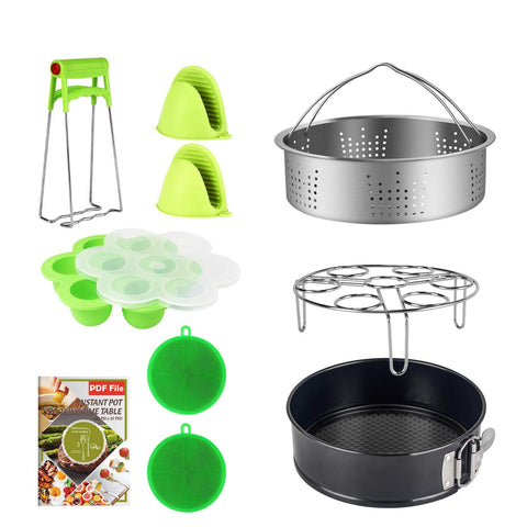 9 Piece Accessories Kits Compatible with Instant Pot 6, 8 Qt - Large Stainless Steel Steamer Basket, Non-Stick Springform Pan, Egg Rack, Egg Bites Mold, Oven Mitts, Bowl Clip and Silicone Scrub Pad