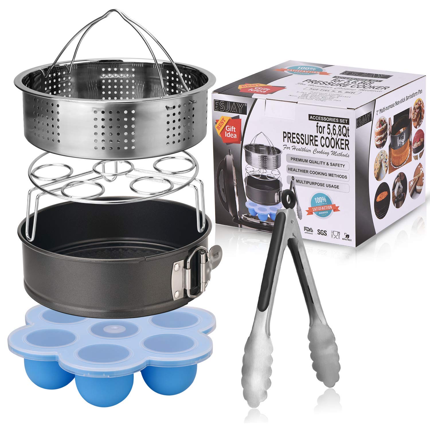 Esjay Accessories Set for Instant Pot-Fits 5,6,8Qt Instant pot Pressure Cooker,5-Pcs with Steamer Basket/Egg Steamer Rack/Egg Bites Molds/Non-stick Springform Pan/Kitchen Tongs,Best Gift Idea