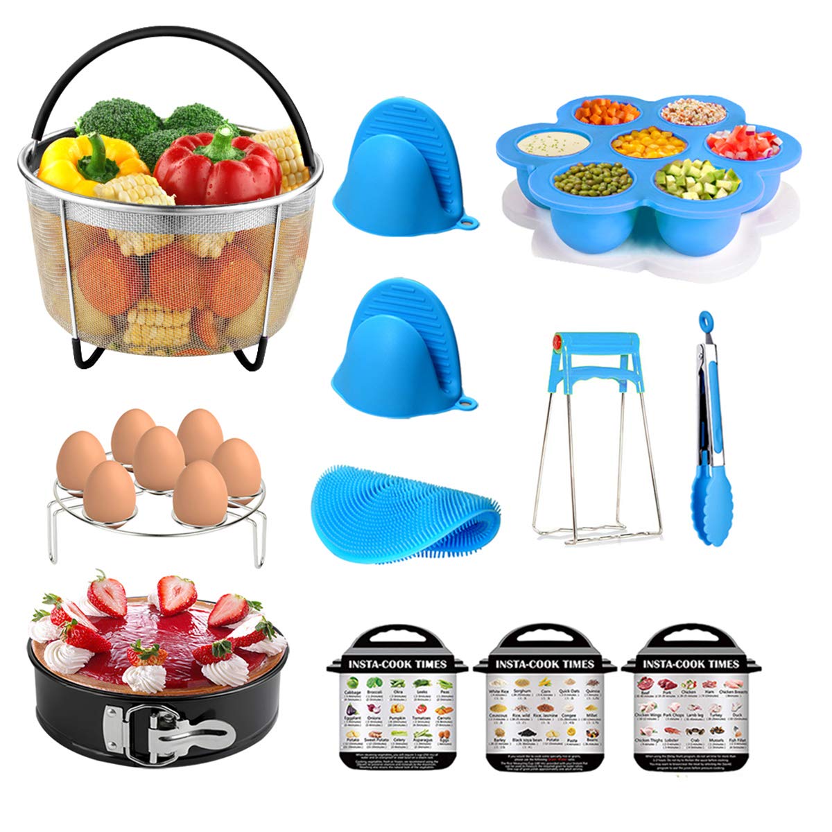 12 Piece Kit for Instant Pot Accessories for 6 QT, 8 QT Include Mesh Steamer Basket, Springform Pan, Egg Bites Mold, Egg Rack, Magnetic Cheat Sheet, Silicone Scrub, Mini Mitts, Bowl Clip and Food Tong