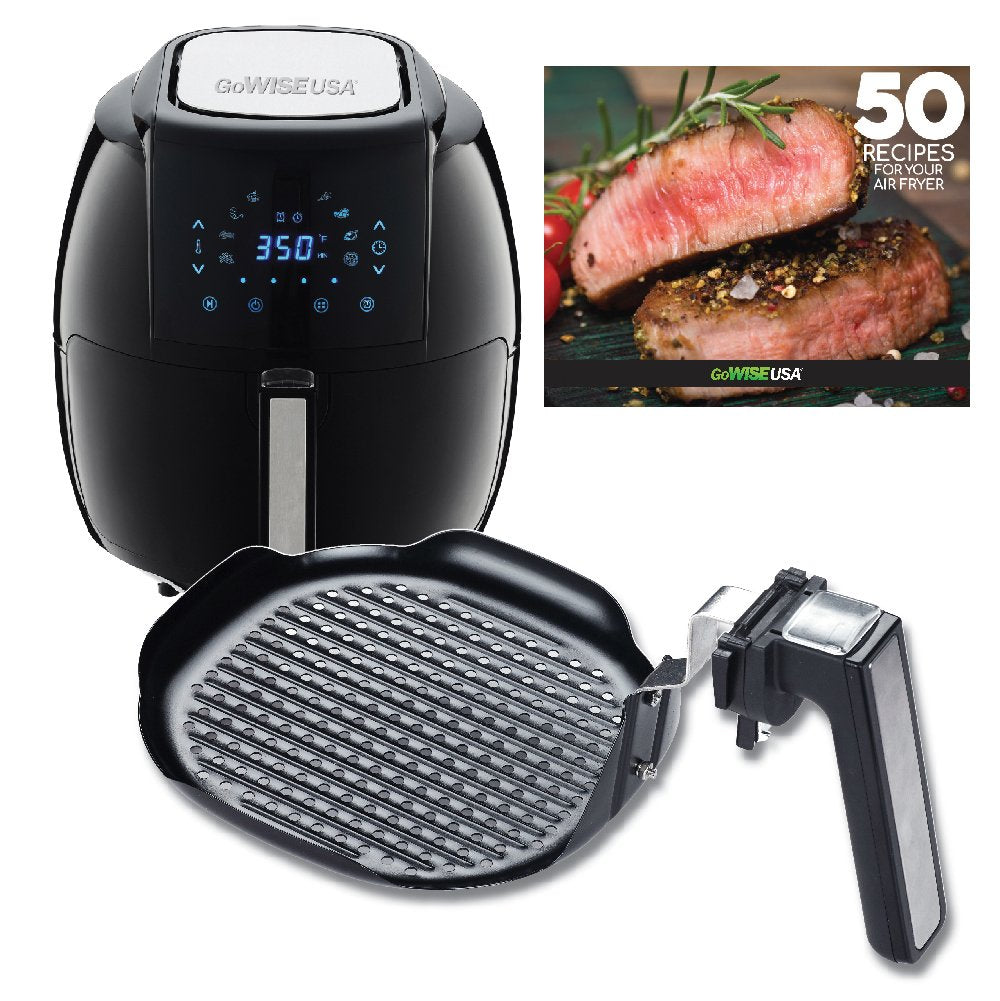 GoWISE USA 5.8-Quarts 8-in-1 Air Fryer XL with Detachable Grill Pan + 50 Recipes for your Air Fryer Book (Black + Grill Pan)