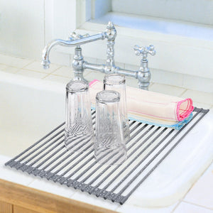 Roll Over Sink Drying Rack Foldable Silicone-Coated Steel Multipurpose Kichen Dish Drainer (Warm Gray+Two Dish Clothes)