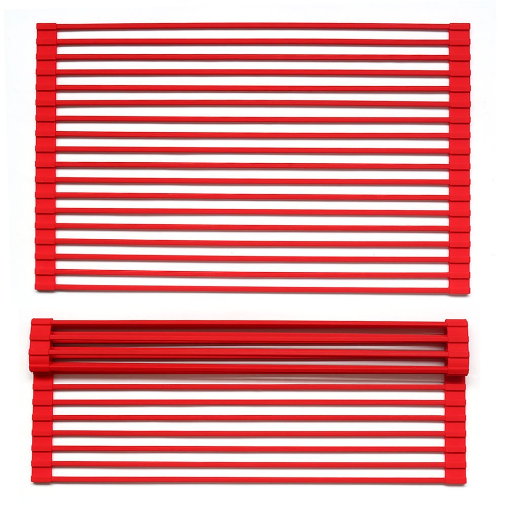 Over The Sink Drying Rack,Multipurpose Roll-Up Dish Drying Rack (Square Rod Design) 20.5" 13" Stainless steel with Anti slip silicone Cover (red)