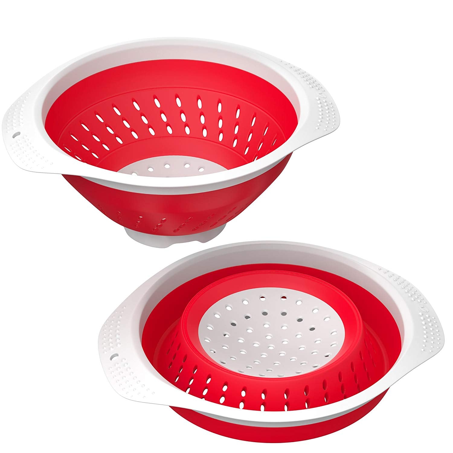 Vremi 5 Quart Collapsible Colander - BPA Free Silicone Food Strainer with Plastic Handles - Heavy Duty Foldable Heat Resistant Pasta and Veggies Kitchen Drainer Steam Basket - Dishwasher Safe - Red