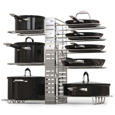 GeekDigg Pot Rack Organizer, Adjustable Height and Position, Kitchen Counter and Cabinet Pan Organizer Shelf Rack/Pot Lid Holder with 3 DIY Methods - Silver