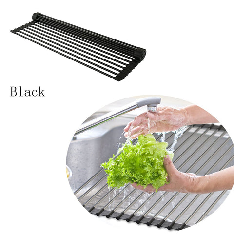 Roll-Up Folding Over the Sink Multipurpose Roll-Up Dish Drying Rack Home Fit for Stainless Steel Sink (Black+)