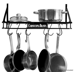 Wall-Mounted Pot Hanging Rack, 24 by 10 Inches, All-Black Decorative Kitchen Shelf w/ 10 S-Hooks