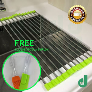 DW Roll-up Drying Rack Stainless Steel Foldable Over Sink Rack Green Silver Kitchen Safe Neat Clean Flexible Space Saving FREE Silicone Spatula And Brush Set