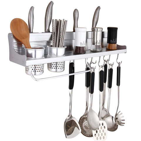 Wall Pot Rack,Haoweiming Wall Hanging Shelf 23 inch Kitchen Cookware Organizer with 10 Pot Hook & 4 Knife Holder & 2 Utensil Cup & Spice Rack & Towel Rack for RV/ Hotel /Restaurant /Bar (Aluminum)