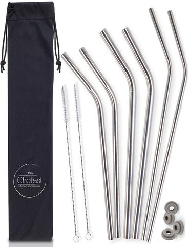 Stainless Steel Drinking Straws by Chefast - 3x2 Combo Kit - Reusable Metal Straws for Everything From 30 oz Yeti Tumblers to Thick Smoothies - Cleaning Brushes, Long Case and Silicone Rings Included