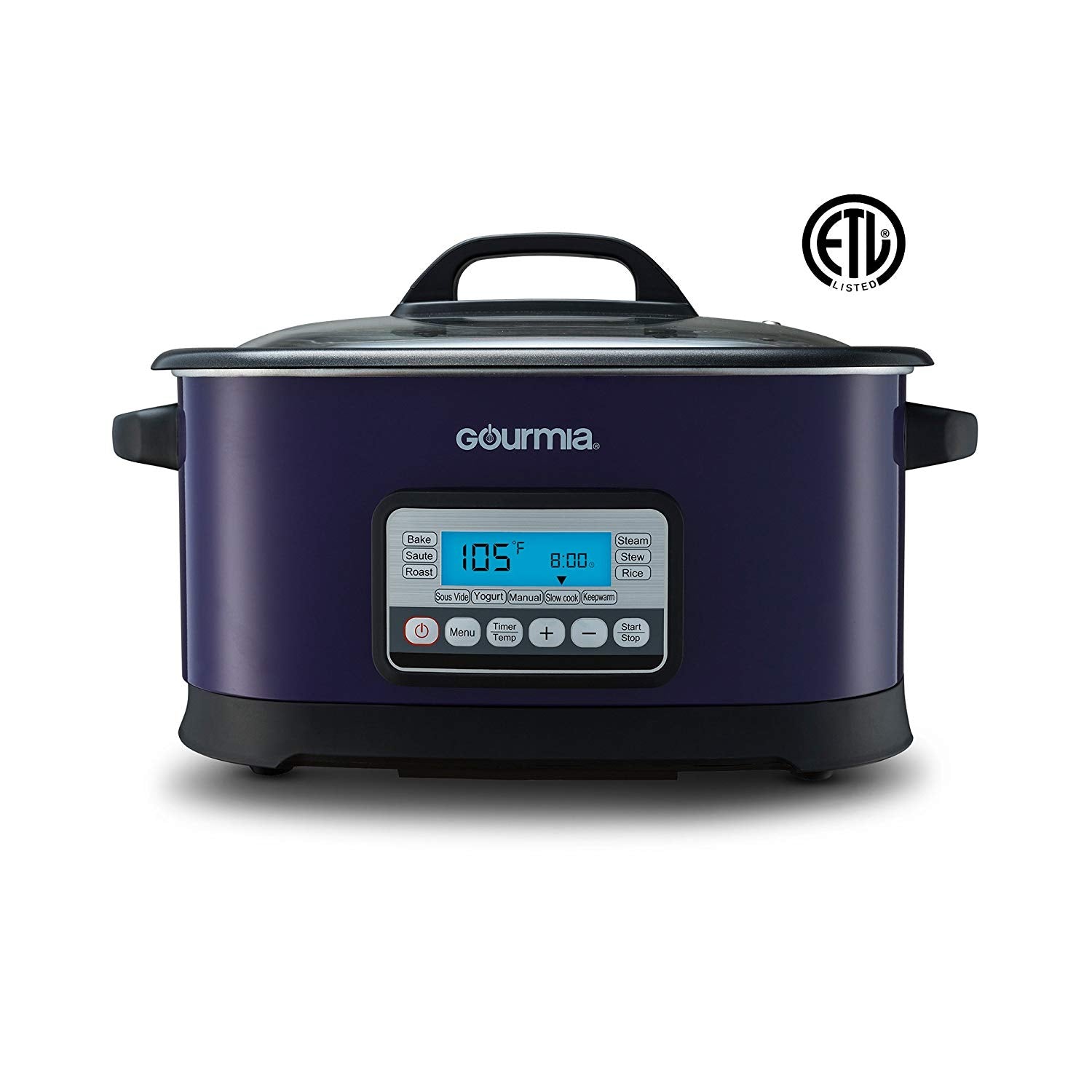 Gourmia GMC650 11 in 1 Multi Cooker + Sous Vide - LCD Display - Multiple Cooking Options - Bonus Accessories - Free Recipe Book - 6.5 Qt - 1500W - Purple/Stainless Steel