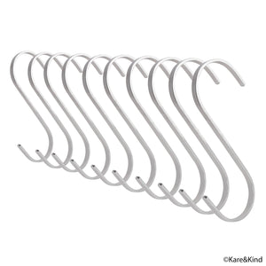 Flat S-Shaped Hanging Hooks - For Kitchen Utensils, Garage or Garden Tools, etc. - Heavy Duty Genuine Solid 304 Stainless Steel - Multi Purpose - This Kit Contains 10 Large Hooks