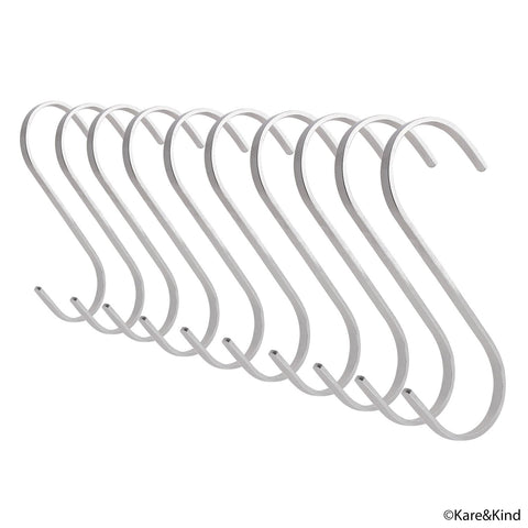 Flat S-Shaped Hanging Hooks - For Kitchen Utensils, Garage or Garden Tools, etc. - Heavy Duty Genuine Solid 304 Stainless Steel - Multi Purpose - This Kit Contains 10 Large Hooks