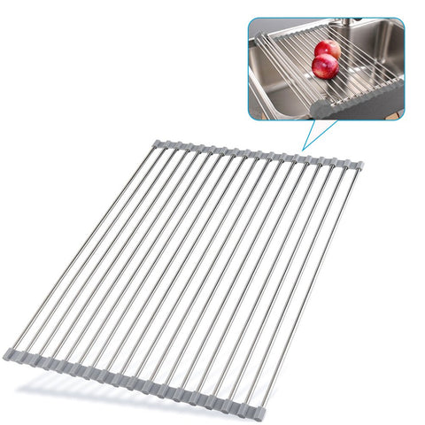 Stainless Steel Drying Rack 14 x 14 Inches | Multi-Purpose Roll Up Over the Sink Kitchen Drainer for Pots, Pans, Bottles, Dishes, Utensils and Bowls | Silicon Coated Rust and Heat Resistant