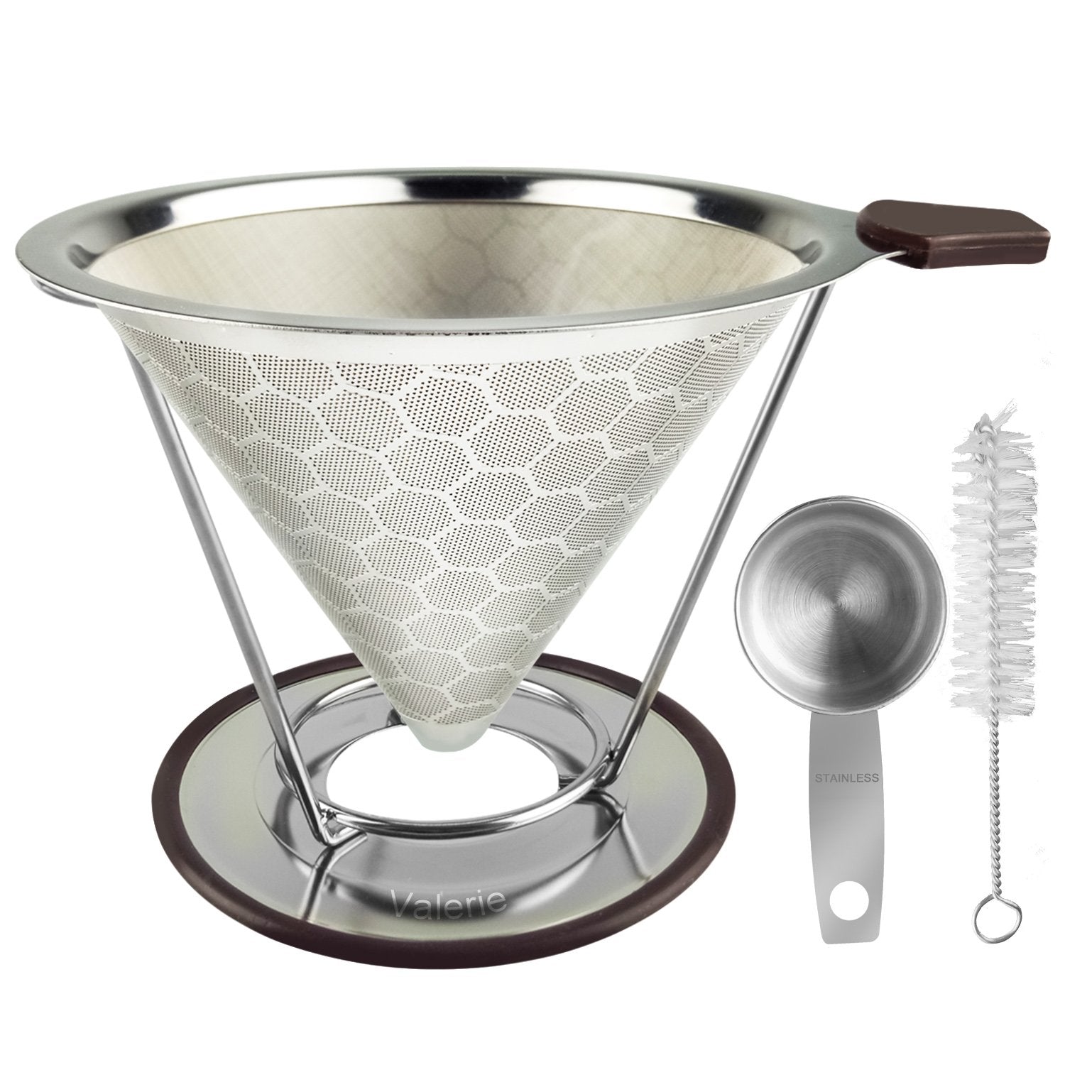 Stainless Steel Reusable Coffee Filter Pour Over Coffee Cone Dripper Permanent Honeycombed Mesh Basket 4 Cups Bonus Removable Cup Stand and Brush By Valerie