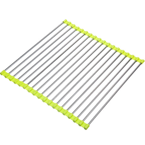 TecUnite Over the Sink Stainless Steel Roll Up Dish Drying Rack Dishes Drainer for Pans Bottles Bowls, Silicone Coated (14.5 Inch by 14 Inch, Green)