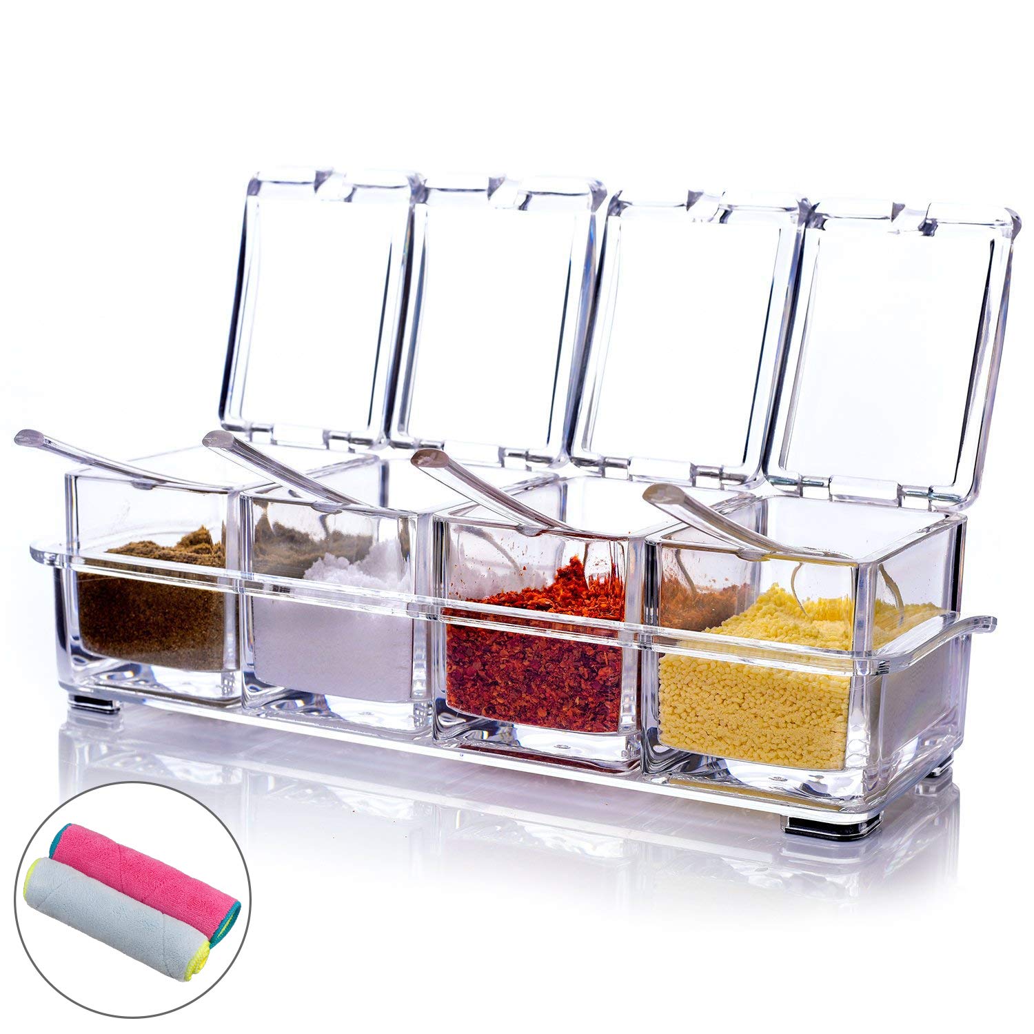 MONICA Clear Seasoning Rack Spice Pots-4 Piece Pure Acrylic Seasoning Box-Storage Container Condiment Jars-Cruet with Cover and Spoon-Included 2 Microfibre Cloths