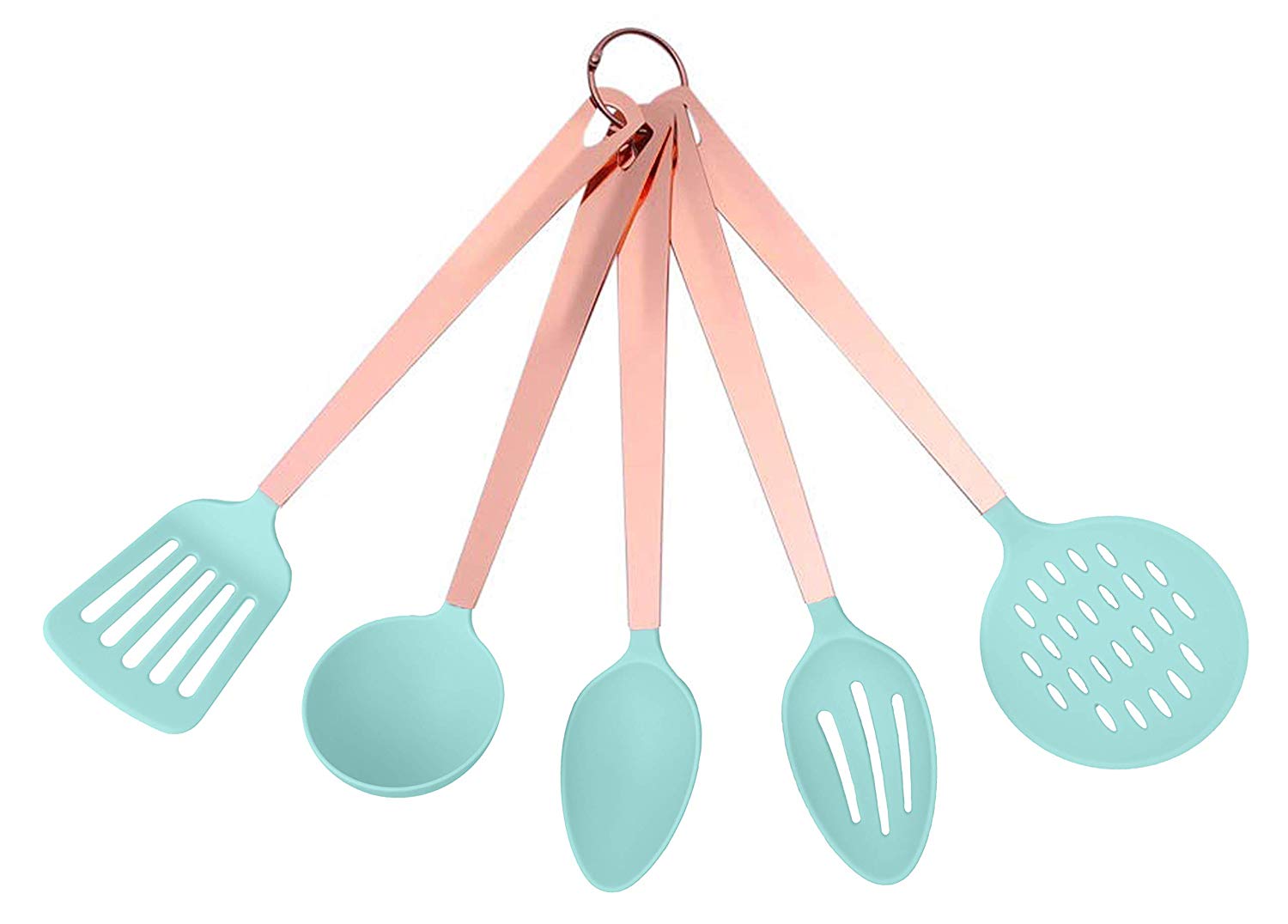 COOK WITH COLOR 5 Piece Nylon Cooking Utensil Set on a Ring with Rose Gold Copper Handles