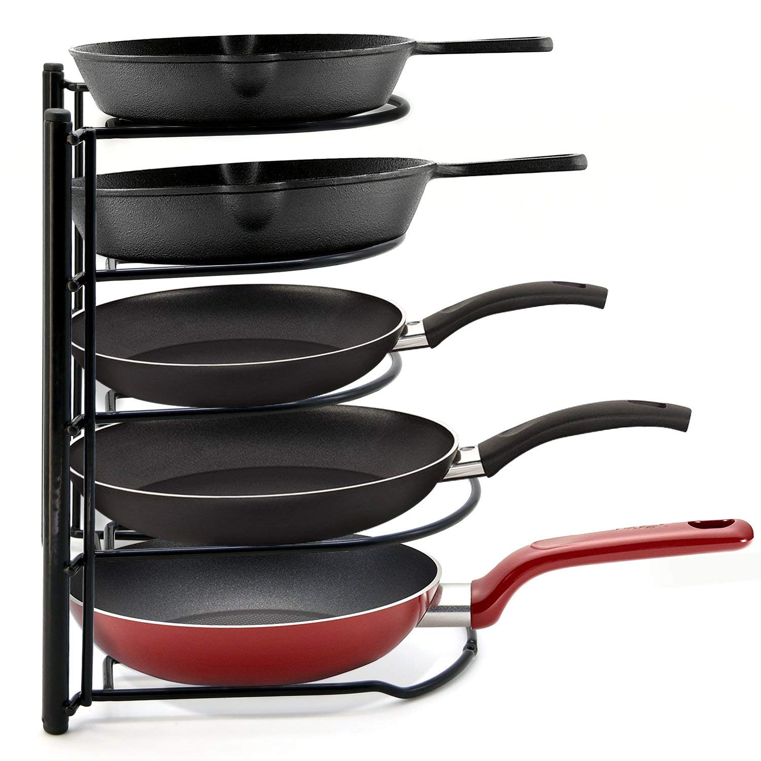 Pot and Pans Rack Organizer, Cookware Lid Holder for Kitchen Cabinet Shelf, Pantry, Counter, Heavy Duty for Cast Iron, No Assembly Required - Black