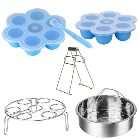 Accessories Set Compatible Instant Pot-Fits 5,6,8Qt Instant Pot Pressure Cooker,6 Pcs with Silicone Egg Bites Mold×2,Steamer Basket,Egg Steamer Rack,Silicone Spoon and Bowl Clip,Steamed Out Health