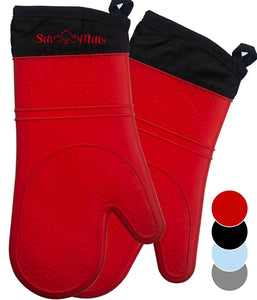 Red Silicone Pot Holder Oven Mitts - 1 Pair of Extra Long Professional Heat Resistant Pot Holder & Baking Gloves - Food Safe, BPA Free FDA Approved With Soft Inner Lining