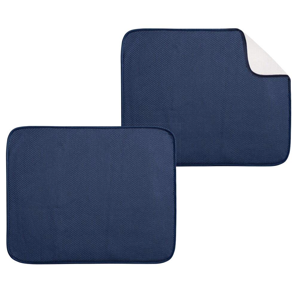 mDesign Ultra Absorbent Reversible Microfiber Dish Drying Mat and Protector for Kitchen Countertops, Sinks: Folds for Compact Storage, Large - 2 Pack - Navy Blue/White