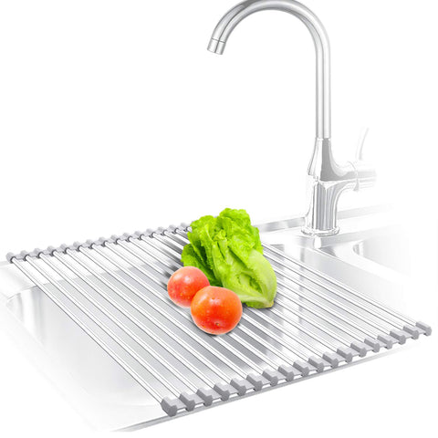 KIBEE RACK-2T-18 Dish Drying Rack Stainless Steel Roll Up Over The Sink Drainer Gadget Tool for Many Kitchen Task(Gray,Large)