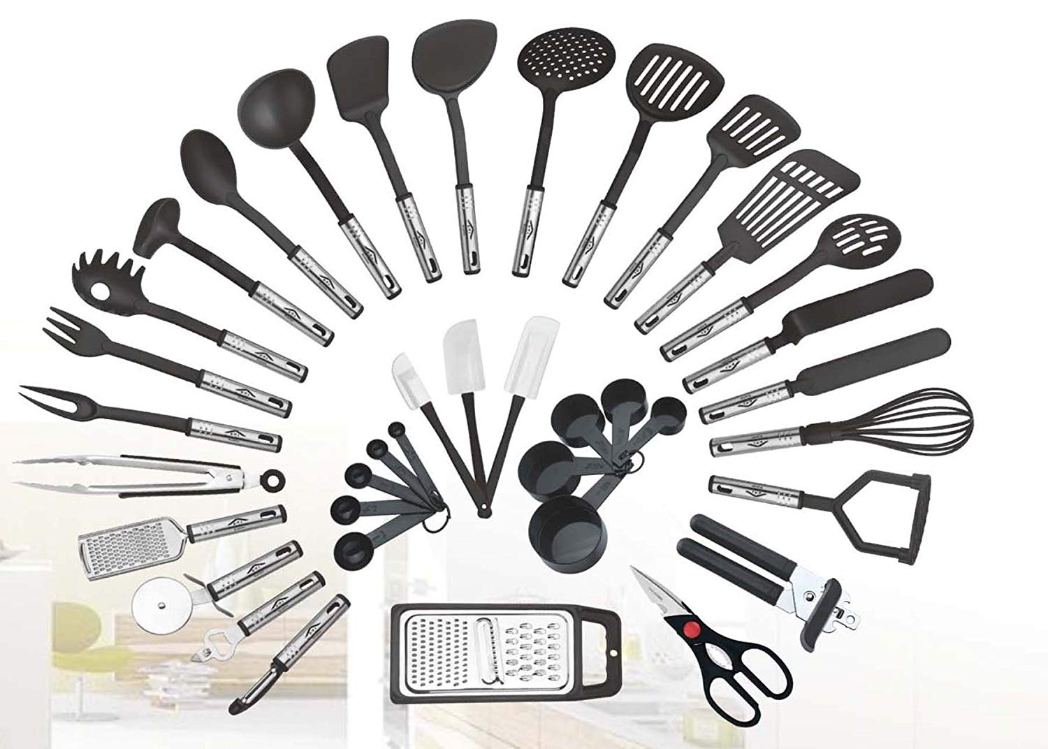 38-piece Kitchen Utensils Set Home Cooking Tools Gadgets Turners Tongs Spatulas Pizza Cutter Whisk Bottle Opener, Graters Peeler, Can Opener, Measuring Cups Spoons (Black)