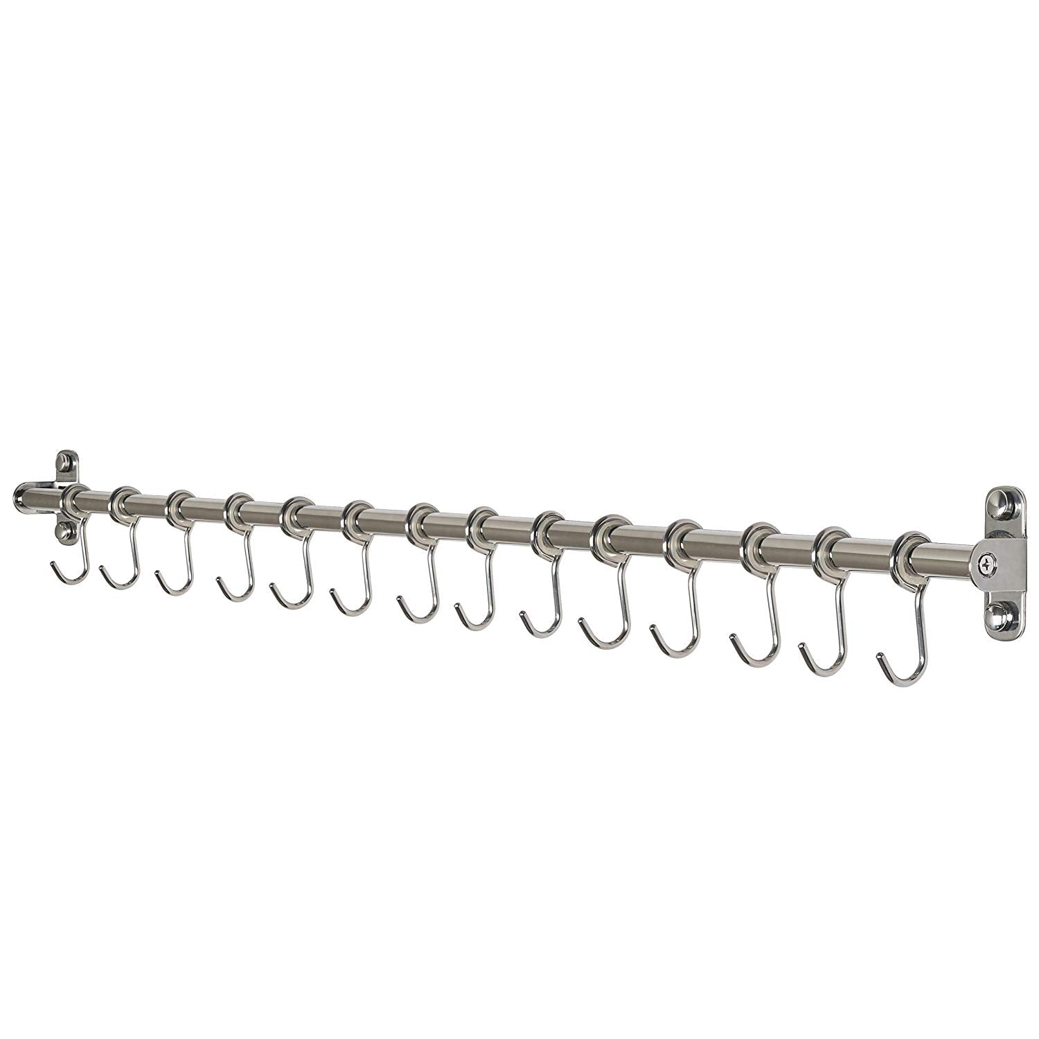 WEBI Kitchen Sliding Hooks, Solid Stainless Steel Hanging Rack Rail with 14 Utensil Removable S Hooks for Towel, Pot Pan, Spoon, Loofah, Bathrobe, Wall Mounted