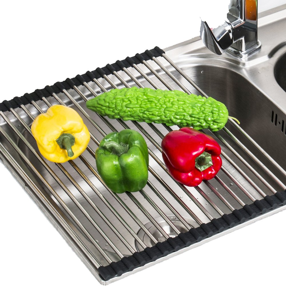 Roll Up Dish Drying Rack Over Sink,Stainless Steel Dishes Drainer Large 45x32cm,Kitchen Drain Board Colander Mat for Pans,Pots and Food