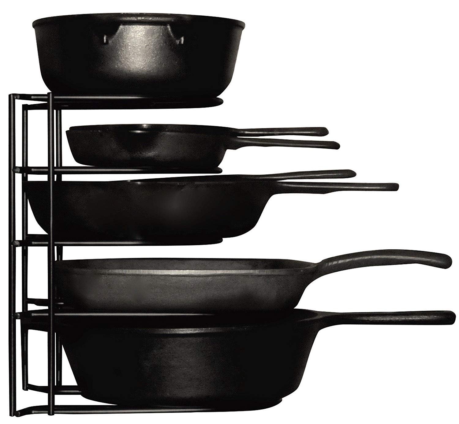 Heavy Duty Pots and Pans Organizer - For Cast Iron Skillets, Pots, Frying Pans, Lids | 5-Tier Durable Steel Rack for Kitchen Counter & Cabinet Storage and Organization - No Assembly Required [Black]