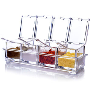 ME.FAN Clear Seasoning Rack Spice Pots - 4 Piece Acrylic Seasoning Box - Storage Container Condiment Jars - Cruet with Cover and Spoon