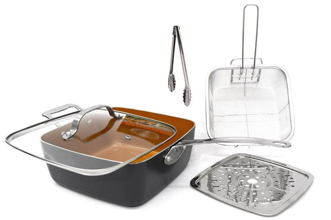Gotham Steel As Seen on TV All in One Pan! Titanium and Ceramic 9.5 Deep Square Frying & Cooking Pan With Lid - Frying Basket - Steamer Tray - Utility Tong - 5 Pcs Set