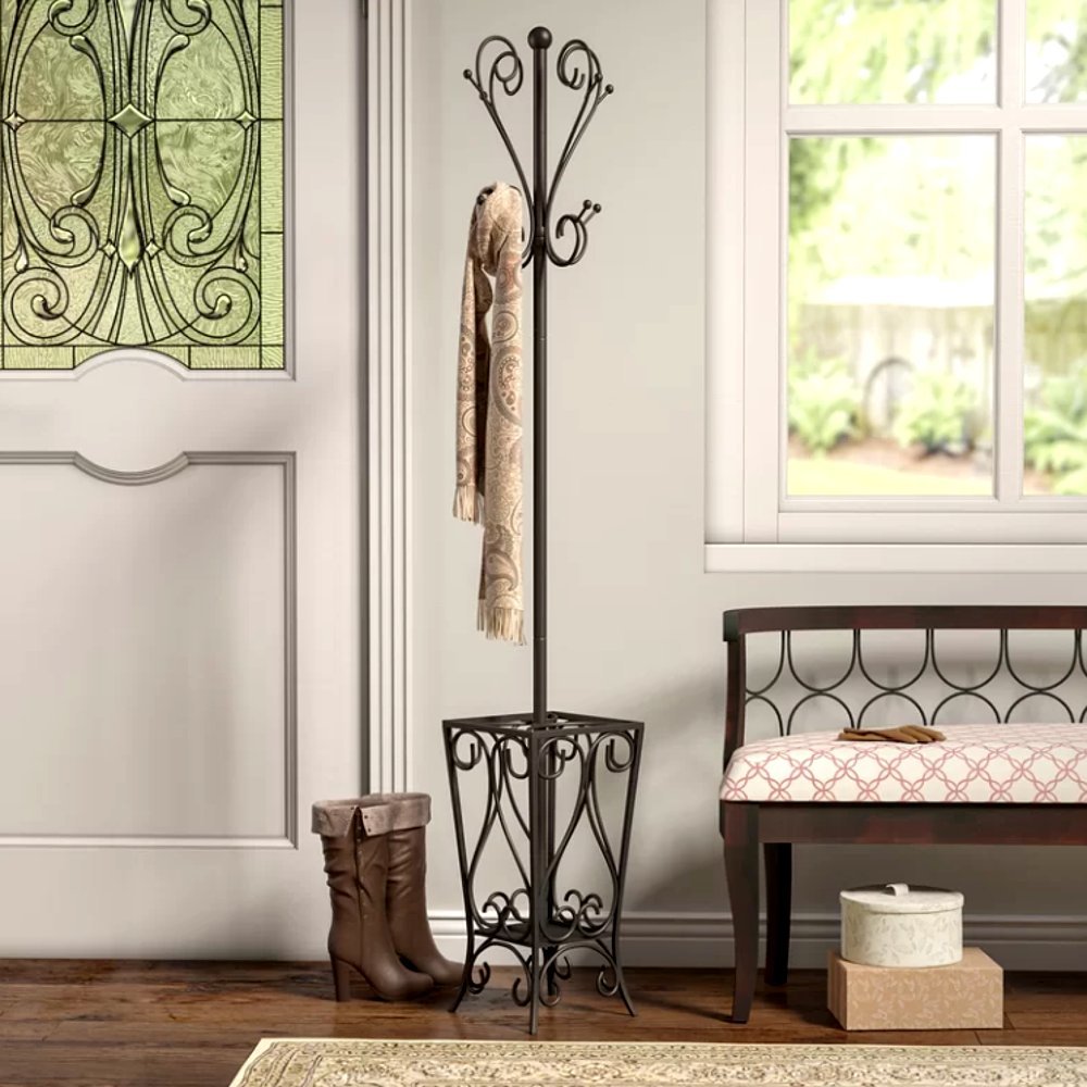 Scrolled Coat Rack and Umbrella Stand, Corner Metal Freestanding Entryway Rustic Contemporary Coat Hanger & E-Book